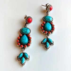 Solid sterling silver, turquoise and coral dangle earrings